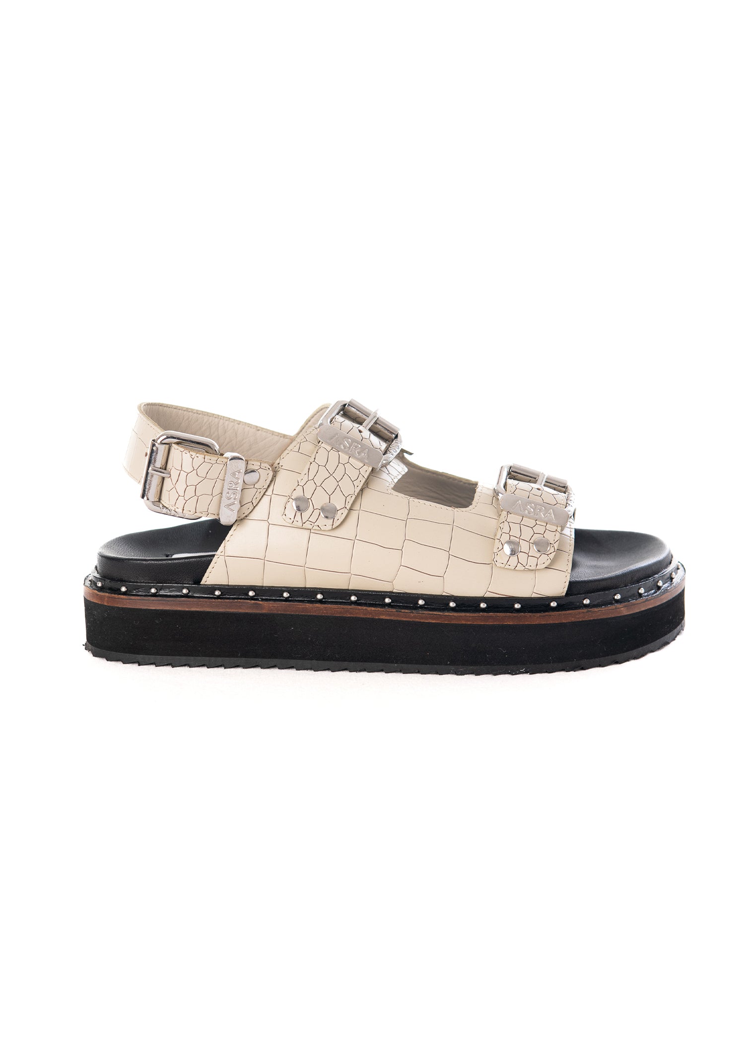 Sami - Rice White Croc Leather Sandal with Double Buckle